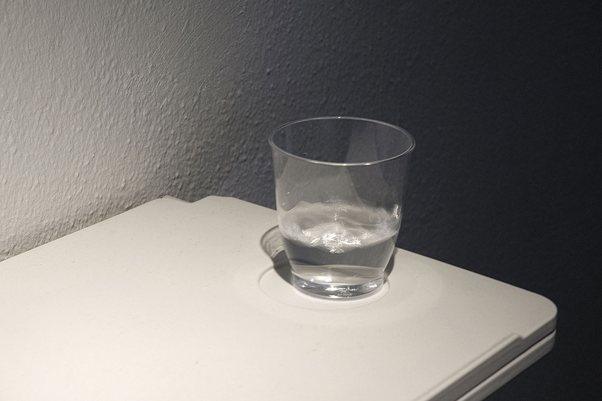 Looking Glass, 41,5 x 12,5 x 25 cm, aeroplane tray, plastic cup, water, motor